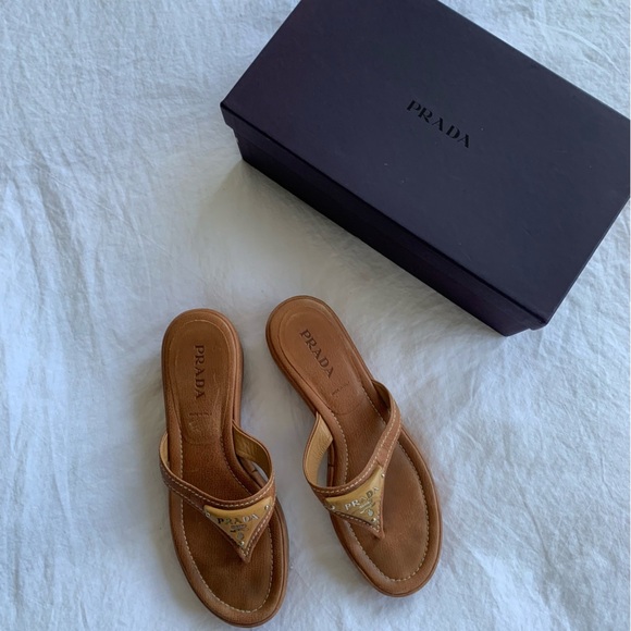 Vintage Prada Triangle Logo Wood Platform Thong Flip Flop Sandals Heels - Picture 10 of 10